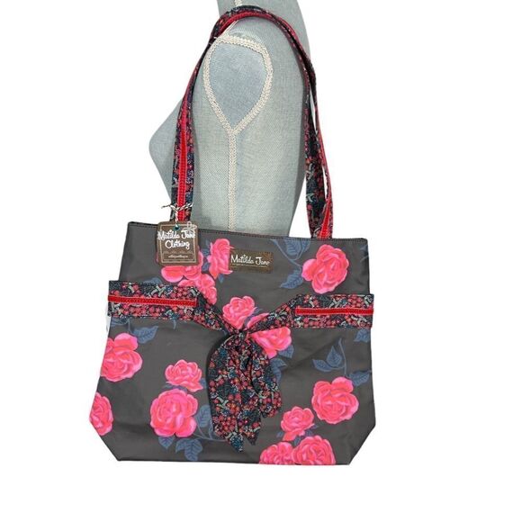 Matilda Jane Heart Strings Black Pink Floral Coated Cotton Tote Bag New With Tag
